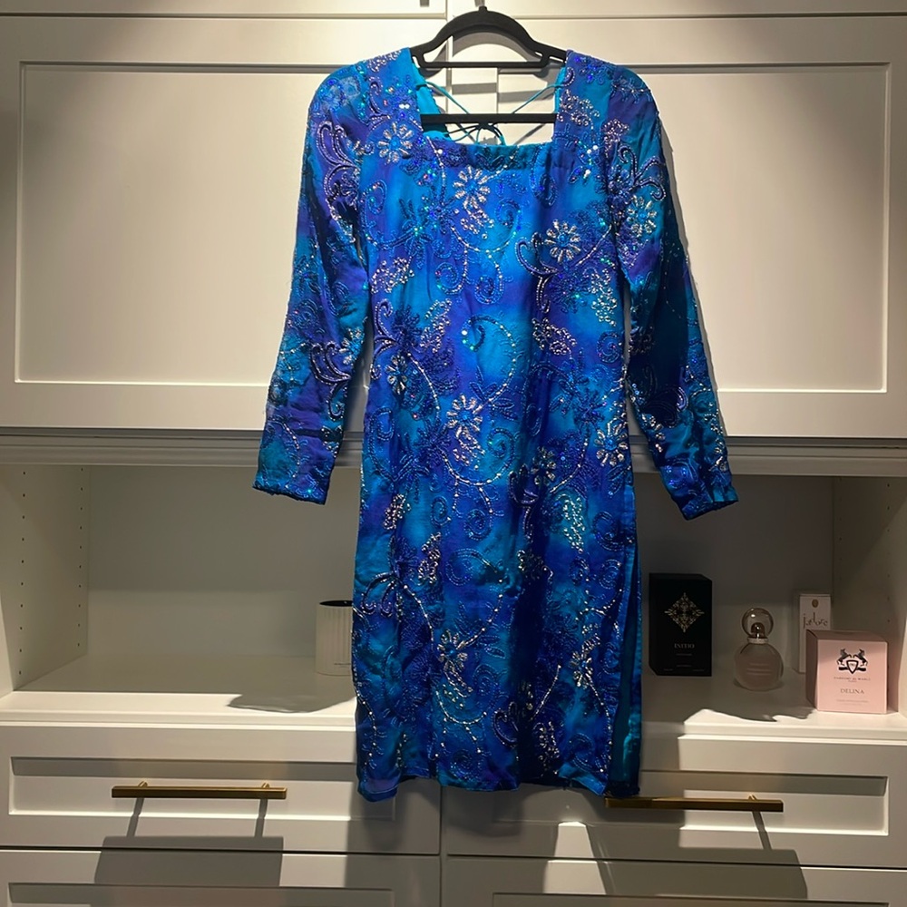 Stunning blue sequin floral Indian top (kurta) and scarf (dupatta)